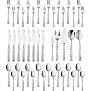 65-Piece Silverware Set with Serving Pieces, E-far Stainless Steel Hammered Flatware Eating Utensils Service for 12, Modern Tableware Cutlery Set with Square Edge, Mirror Polished, Dishwasher Safe(45-Piece)