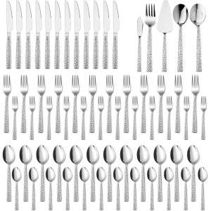 65-Piece Silverware Set with Serving Pieces, E-far Stainless Steel Hammered Flatware Eating Utensils Service for 12, Modern Tableware Cutlery Set with Square Edge, Mirror Polished, Dishwasher Safe(65-Piece)