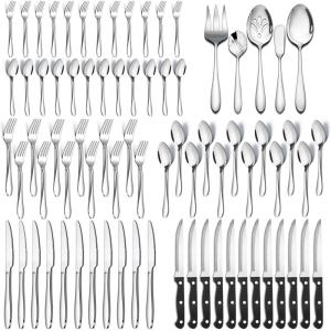 77-Piece Silverware Set with Steak Knives Serving Utensils, E-far Stainless Steel Flatware Cutlery Set for 12, Modern Tableware Eating Utensils for Restaurant Kitchen, Mirror Polished, Dishwasher Safe(77-Piece)