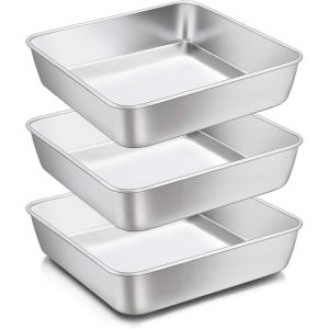 8 x 8-Inch Baking Pan, E-far Square Cake Brownie Baking Pans Stainless Steel Bakeware Set of 3, Fits in Small Toaster Oven, Non-toxic & Dishwasher Safe(3-Piece Set)