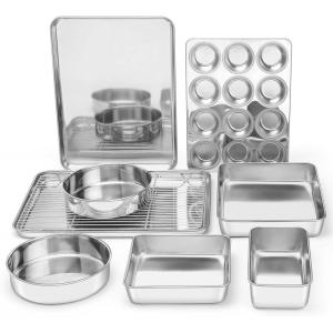 8 x 8-Inch Baking Pan, E-far Square Cake Brownie Baking Pans Stainless Steel Bakeware Set of 3, Fits in Small Toaster Oven, Non-toxic & Dishwasher Safe(9-Piece Set)