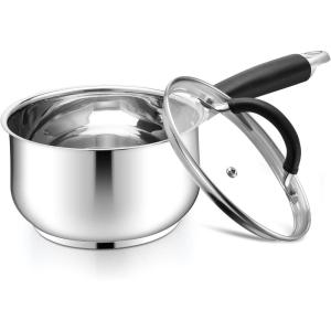 E-far 1 Quart Sauce Pan with Lid, Tri-Ply Base Stainless Steel Small Saucepan with Stay-Cool Handle, Non-toxic Kitchen Cooking Sauce Pot, Compatible with All Cooktops, Dishwasher Safe(2 Quart)