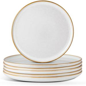 E-far 10.5” Ceramic Dinner Plates Set of 6, Large Reactive Glaze Stoneware Dishes, Round Salad Plate for Home Kitchen Restaurant, Microwave & Dishwasher Safe – Deep Sea Blue(Seashell White)