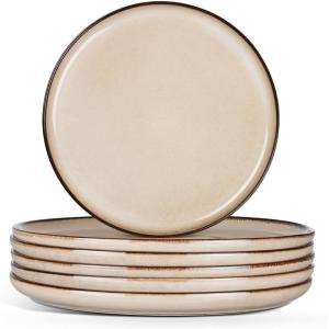 E-far 10.5” Ceramic Dinner Plates Set of 6, Large Reactive Glaze Stoneware Dishes, Round Salad Plate for Home Kitchen Restaurant, Microwave & Dishwasher Safe – Deep Sea Blue(Sandy Beige)