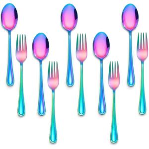 E-far 10-Piece Rainbow Toddler Utensils, Kid Stainless Steel Silverware Set, Children Safe Forks and Spoons Set for Self Feeding, Healthy & Non-Toxic, Mirror Polished & Easy to Clean(Rainbow)