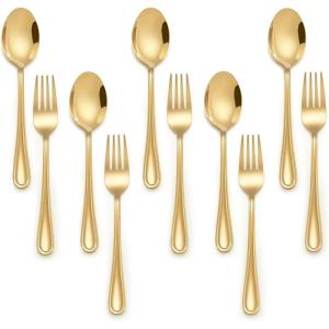 E-far 10-Piece Rainbow Toddler Utensils, Kid Stainless Steel Silverware Set, Children Safe Forks and Spoons Set for Self Feeding, Healthy & Non-Toxic, Mirror Polished & Easy to Clean(Gold)