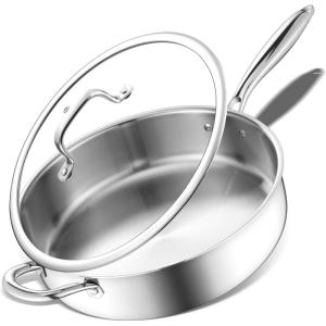 E-far 12 Inch Deep Frying Pan with Lid, 6 Quart Tri-Ply Stainless Steel Saute Pan, Kitchen Skillet, Healthy Non-toxic Cooking Pan for Induction Ceramic Gas Stoves, Heavy Duty, Oven & Dishwasher Safe(6QT / 12IN)