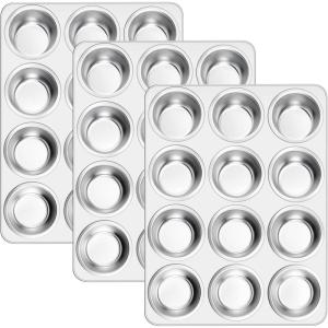 E-far 12-Cup Muffin Pan Set of 3, Stainless Steel Cupcake Pan Tins, Non-Toxic Metal Cupcake Tray for Baking Small Muffin Cakes, Heavy Duty & Regular Size, Rust Free & Dishwasher Safe