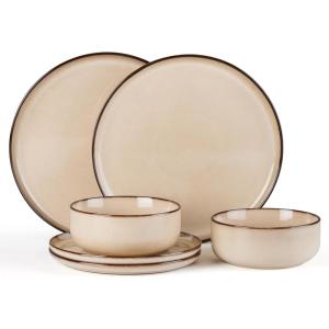 E-far 12-Piece Reactive Glaze Dinnerware Sets, Ceramic Dishes Set for 4, Stoneware Plates and Bowls Dinning Ware, Microwave & Dishwasher Safe – Ocean Blue(Sandy Beige)
