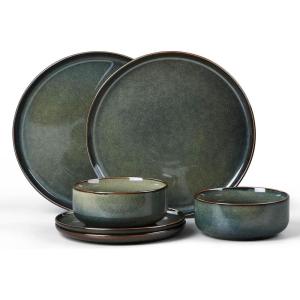 E-far 12-Piece Reactive Glaze Dinnerware Sets, Ceramic Dishes Set for 4, Stoneware Plates and Bowls Dinning Ware, Microwave & Dishwasher Safe – Ocean Blue(Obsidian Green)