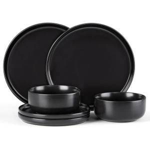 E-far 12-Piece Reactive Glaze Dinnerware Sets, Ceramic Dishes Set for 4, Stoneware Plates and Bowls Dinning Ware, Microwave & Dishwasher Safe – Ocean Blue(Matte Black)