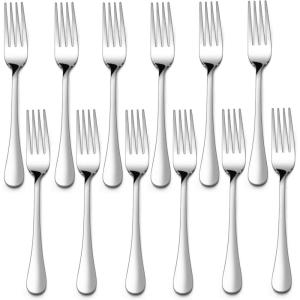 E-far 12-Piece Salad Forks, Stainless Steel 6.7 Inches Stainless Steel Fork Set for Home Kitchen Restaurant, Mirror Finish, Dishwasher Safe(Round Handle)