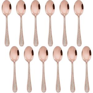 E-far 12-Piece Small Coffee Spoons, 6-Inch Stainless Steel Mini Espresso Spoons for Coffee/Sugar/Tea, Hammered Design & Rust Free, Dishwasher Safe(Copper)