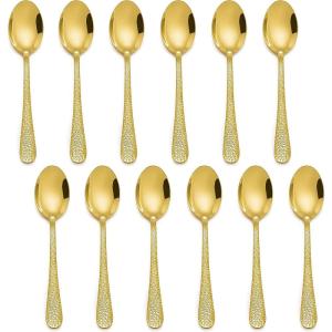 E-far 12-Piece Small Coffee Spoons, 6-Inch Stainless Steel Mini Espresso Spoons for Coffee/Sugar/Tea, Hammered Design & Rust Free, Dishwasher Safe(Gold)