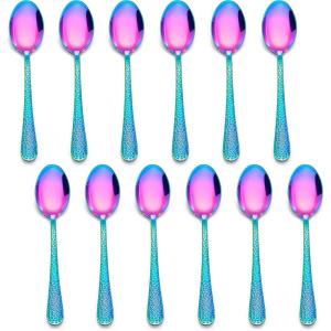 E-far 12-Piece Small Coffee Spoons, 6-Inch Stainless Steel Mini Espresso Spoons for Coffee/Sugar/Tea, Hammered Design & Rust Free, Dishwasher Safe(Rainbow)