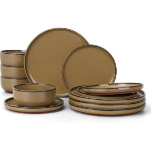 E-far 12-Piece Stoneware Dinnerware Sets, Plates and Bowls Sets for 4, Ceramic Dishware Dishes Set with Terracotta Base, Chip & Scratch Resistant, Microwave & Dishwasher Safe, Speckled White(Desert Camel)