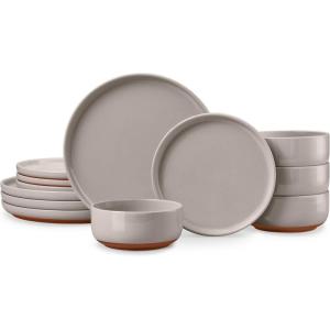 E-far 12-Piece Stoneware Dinnerware Sets, Plates and Bowls Sets for 4, Ceramic Dishware Dishes Set with Terracotta Base, Chip & Scratch Resistant, Microwave & Dishwasher Safe, Speckled White(Warm Taupe)