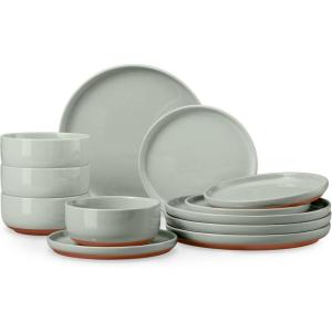 E-far 12-Piece Stoneware Dinnerware Sets, Plates and Bowls Sets for 4, Ceramic Dishware Dishes Set with Terracotta Base, Chip & Scratch Resistant, Microwave & Dishwasher Safe, Speckled White(Sage Green)