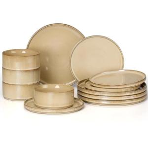 E-far 16 Piece Dinnerware Sets, Plates and Bowls with Pasta Bowls Service for 4, Modern Stoneware Ribbed Dishes for Kitchen Dining, Microwave & Dishwasher Safe, Speckled White(Caramel Khaki)