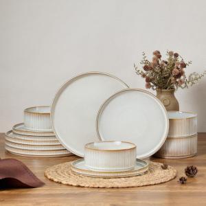 E-far 16 Piece Dinnerware Sets, Plates and Bowls with Pasta Bowls Service for 4, Modern Stoneware Ribbed Dishes for Kitchen Dining, Microwave & Dishwasher Safe, Speckled White(Creamy Beige)