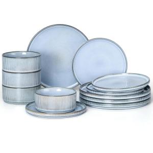 E-far 16 Piece Dinnerware Sets, Plates and Bowls with Pasta Bowls Service for 4, Modern Stoneware Ribbed Dishes for Kitchen Dining, Microwave & Dishwasher Safe, Speckled White(Dusty Blue)