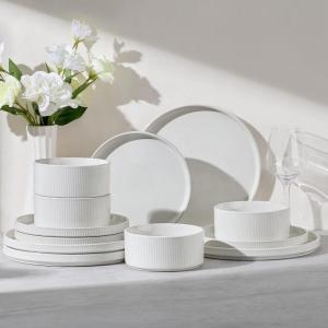 E-far 16 Piece Dinnerware Sets, Plates and Bowls with Pasta Bowls Service for 4, Modern Stoneware Ribbed Dishes for Kitchen Dining, Microwave & Dishwasher Safe, Speckled White(Speckled White)