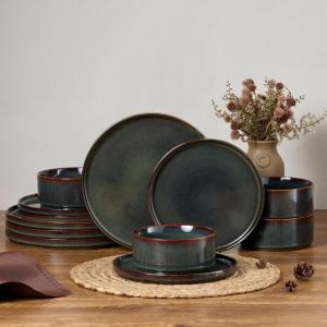 E-far 16 Piece Dinnerware Sets, Plates and Bowls with Pasta Bowls Service for 4, Modern Stoneware Ribbed Dishes for Kitchen Dining, Microwave & Dishwasher Safe, Speckled White(Blackish Green)