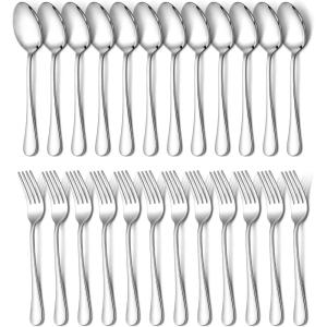 E-far 16-Piece Dinner Forks and Spoons, Stainless Steel Silverware Flatware Eating Utensils Set for Home Kitchen Restaurant, Food Grade Metal & Streamline Design, Mirror Finish & Dishwasher Safe, 8 In(24)