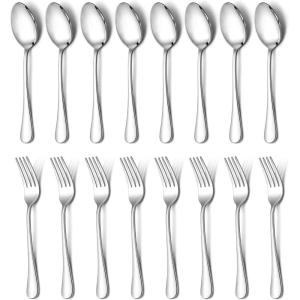 E-far 16-Piece Dinner Forks and Spoons, Stainless Steel Silverware Flatware Eating Utensils Set for Home Kitchen Restaurant, Food Grade Metal & Streamline Design, Mirror Finish & Dishwasher Safe, 8 In(16)