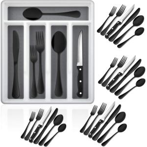 E-far 24-Piece Black Silverware Set with Steak Knives and Organizer Tray, Stainless Steel Flatware Cutlery Service for 4, Tableware Eating Utensils for Home Kitchen, Mirror Polished, Dishwasher Safe