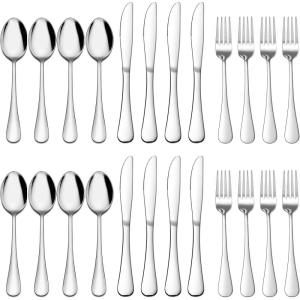 E-far 24-Piece Hammered Forks Spoons and Knives Set, Silverware Set for 8, Stainless Steel Square Flatware Set for Home Kitchen Restaurant, Mirror Polished & Dishwasher Safe(24)