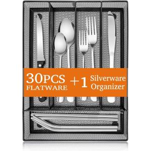 E-far 31-Piece Silverware Set, Stainless Steel Flatware Cutlery Set Service for 4 with Mesh Utensil Drawer Organizer, Include Forks/Spoons/Knives/Steak Knives/Straws, Mirror Polish & Dishwasher Safe(Silver)