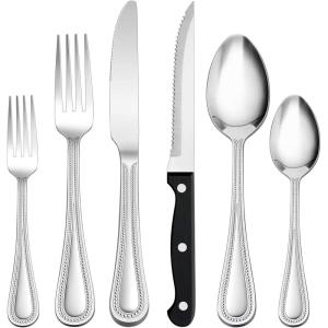 E-far 48-Piece Silverware Set with Steak Knives, Stainless Steel Flatware Cutlery Service for 8, Pearled Edge Tableware Eating Utensils for Home/Restaurant/Kitchen, Mirror Polished, Dishwasher Safe