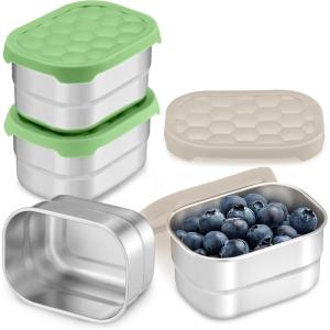 E-far 4-Pack Stainless Steel Snack Containers for Kids | 8oz Reusable Toddler Lunch Box Containers with Leak-Proof Lids for School/Daycare/Travel | Stackable Design & Easy Open, Oven & Dishwasher Safe(Green & Khaki)