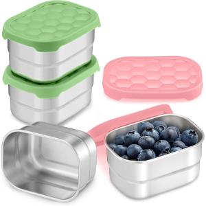 E-far 4-Pack Stainless Steel Snack Containers for Kids | 8oz Reusable Toddler Lunch Box Containers with Leak-Proof Lids for School/Daycare/Travel | Stackable Design & Easy Open, Oven & Dishwasher Safe(Green & Pink)