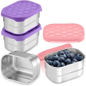 E-far 4-Pack Stainless Steel Snack Containers for Kids | 8oz Reusable Toddler Lunch Box Containers with Leak-Proof Lids for School/Daycare/Travel | Stackable Design & Easy Open, Oven & Dishwasher Safe(Purple & Pink)