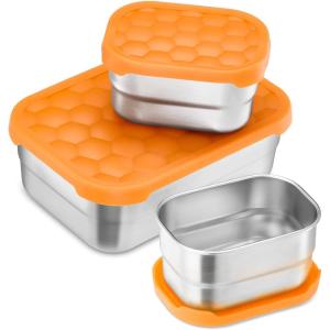 E-far 4-Pack Stainless Steel Snack Containers for Kids | 8oz Reusable Toddler Lunch Box Containers with Leak-Proof Lids for School/Daycare/Travel | Stackable Design & Easy Open, Oven & Dishwasher Safe(Orange)
