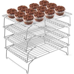 E-far 4-Tier Cooling Rack, 15”x10.1″ Stainless Steel Stackable Wire Cooling Rack for Baking Cooking Cookies, Folding Leg & Non-toxic, Oven Safe & Dishwasher Safe(1)