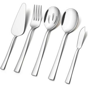 E-far 5-Piece Serving Utensils, Stainless Steel Square Edge Hostess Serving Set for Buffet Party Kitchen Restaurant, Mirror Finished & Dishwasher Safe(Silver)