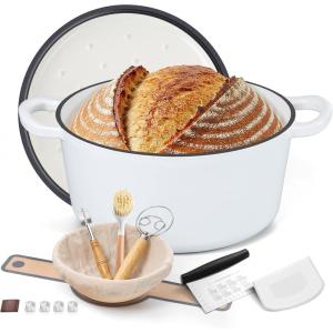 E-far 5QT Dutch Oven for Bread Baking, 2-IN-1 Cast Iron Pot with Skillet Lid & Sourdough Starter Kit, Bread Oven Pan with Baking Supplies for Frying, Braising, BBQ, Rust-Free & Heavy Duty(White)
