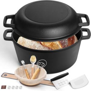 E-far 5QT Dutch Oven for Bread Baking, 2-IN-1 Cast Iron Pot with Skillet Lid & Sourdough Starter Kit, Bread Oven Pan with Baking Supplies for Frying, Braising, BBQ, Rust-Free & Heavy Duty(Black)