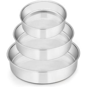 E-far 6 Inch Cake Pan Set of 3, Stainless Steel Round Smash Cake Baking Pans Tins, Non-Toxic & Healthy, Mirror Finish & Dishwasher Safe(6 8 9.5 Inch)