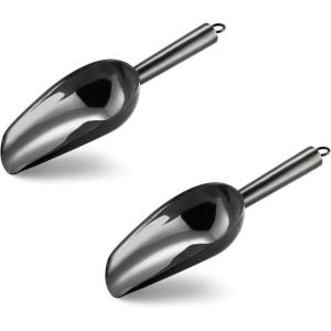 E-far 6 Ounce Ice Scoop Set of 2, Small Stainless Steel Scoops for Ice Cube/Candy/Flour/Sugar, Metal Utility Scoops for Canisters, Baking, Kitchen Pantry, Rust Free & Dishwasher Safe(Black)