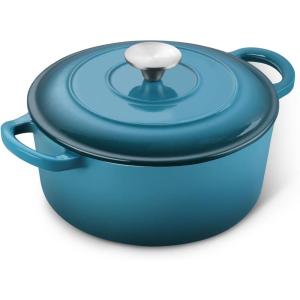 E-far 6 Quart Enameled Cast Iron Dutch Oven with Lid, Round Dutch Oven Pot Nonstick Cookware for Braising, Stews, Roasting, Bread Baking, Cooking, Heavy Duty, Induction & Oven Safe – Blue(Teal Mist)