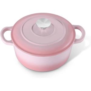 E-far 6 Quart Enameled Cast Iron Dutch Oven with Lid, Round Dutch Oven Pot Nonstick Cookware for Braising, Stews, Roasting, Bread Baking, Cooking, Heavy Duty, Induction & Oven Safe – Blue(Pink)