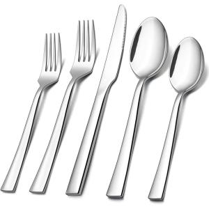 E-far 60-Piece Silverware Set, Stainless Steel Flatware Set Service for 12, Tableware Cutlery Set for Home Restaurant Party, Dinner Forks/Spoons/Knives, Square Edge & Mirror Polished, Dishwasher Safe(10 Pieces)