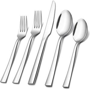 E-far 60-Piece Silverware Set, Stainless Steel Flatware Set Service for 12, Tableware Cutlery Set for Home Restaurant Party, Dinner Forks/Spoons/Knives, Square Edge & Mirror Polished, Dishwasher Safe(30 Pieces)