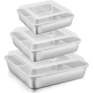 E-far 6/8/9-Inch Square Cake Pan with lid Set, Non-stick Square Baking Brownie Pans Bakeware Set of 3, Stainless Steel Core & Easy Clean – 6 Pieces(3 Pans + 3 Covers)(Stainless Steel)