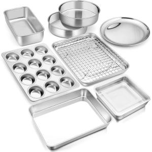 E-far 6-Piece Baking Pans set, Stainless Steel Bakeware Set for Oven, Include 8-Inch Cake Pan/Rectangle Baking Cookie Sheet/Muffin/Loaf Pan, Non-Toxic & Heavy Duty, Dishwasher Safe(10 Pieces)