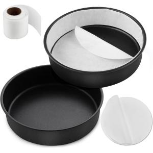 E-far 8 Inch Cake Pans Set of 2, Nonstick Stainless Steel Small Round Baking Pans with Parchment Paper & Side Liner Roll, Stainless Steel Core & Non-toxic Coating, Straight Side & 2 Inch Deep(8 Inches)